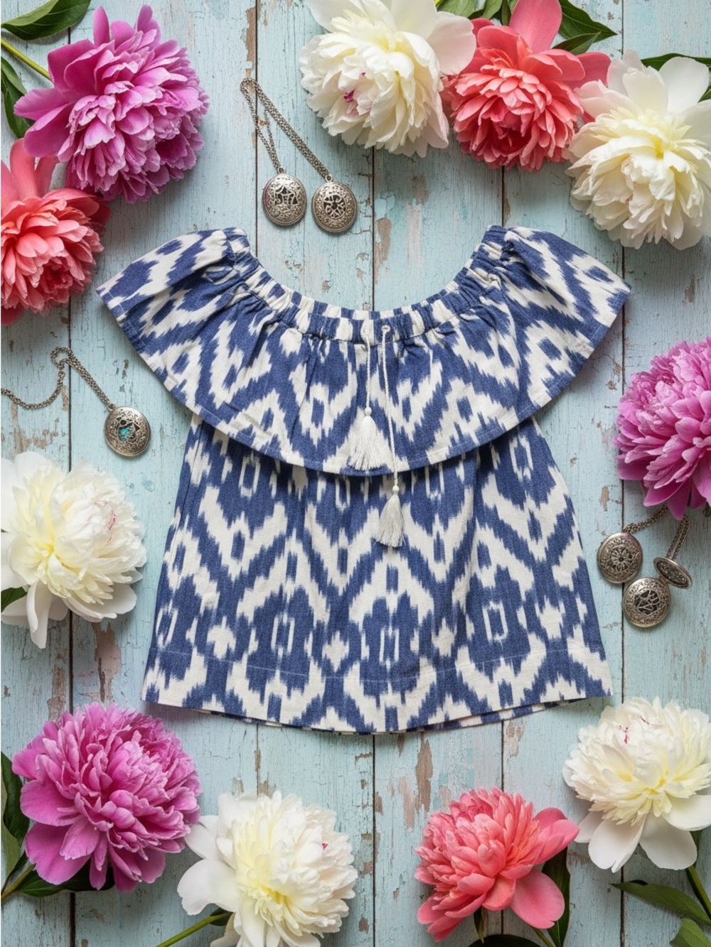 Madewell Blue and White Ikat Off-Shoulder Blouse